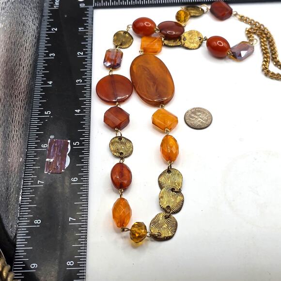 Signed Vintage Necklace Gold Tone Chain Statement Beads Art Deco 36 Inch Long - Picture 5 of 7